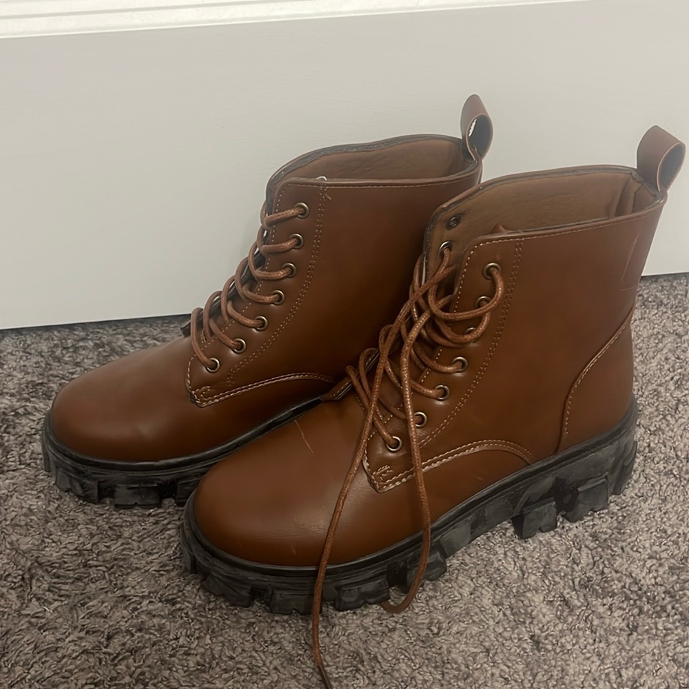 Brown faux leather combat boots